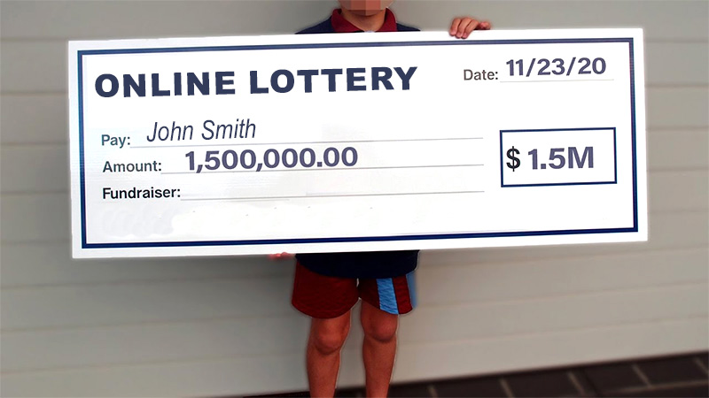 A person holding a large check for 1.5 million dollars, with fake details