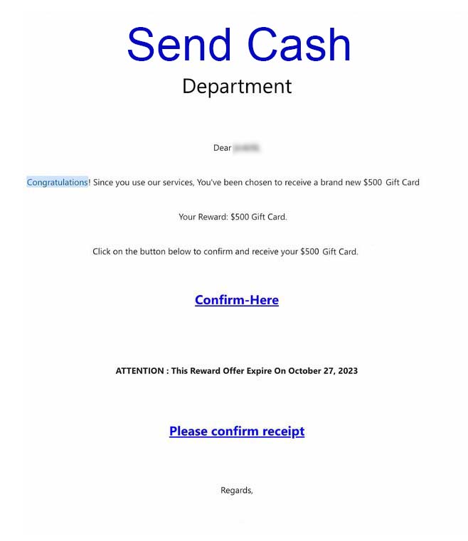Screenshot of a phishing scam to trick someone into sending cash