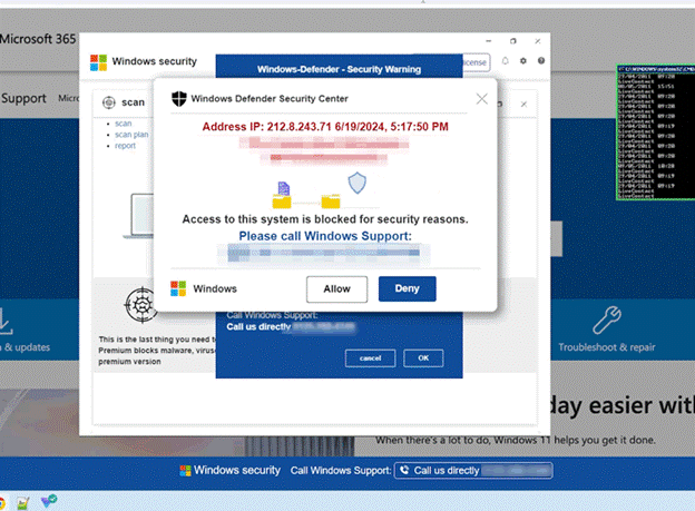 Image of a tech support scam pop-up shown on a computer
