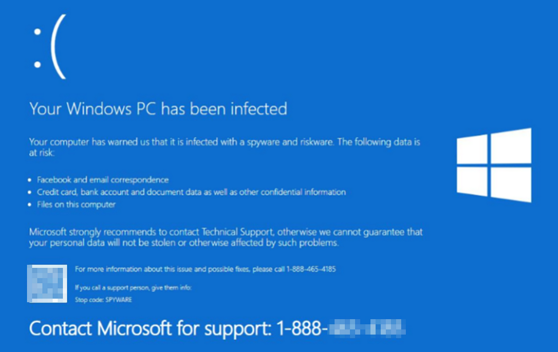 Image of a Fake Windows PC Blue Screen indicating the PC has been infected
