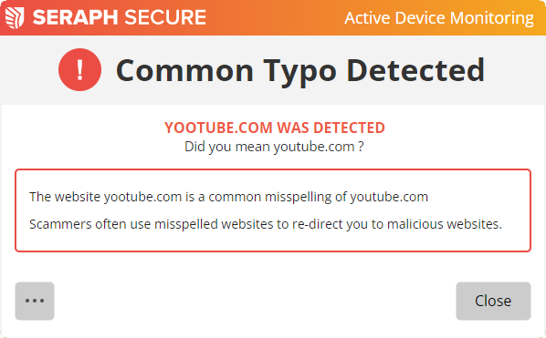 Seraph Secure alert showing common typo detected